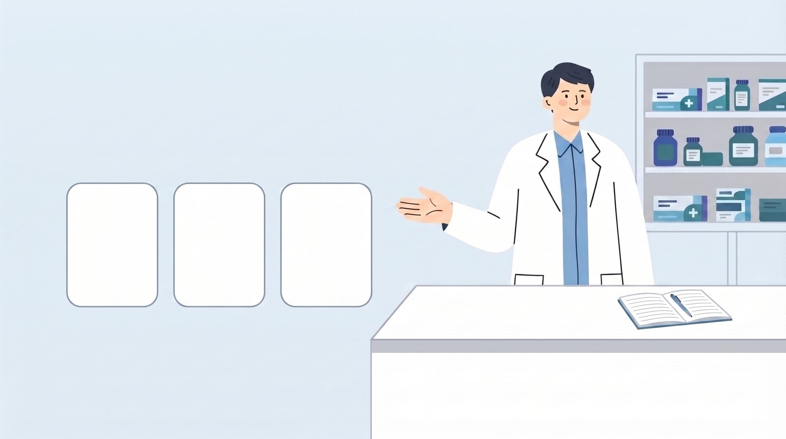 複数サービスの応募情報を整理する薬剤師の2Dイラスト