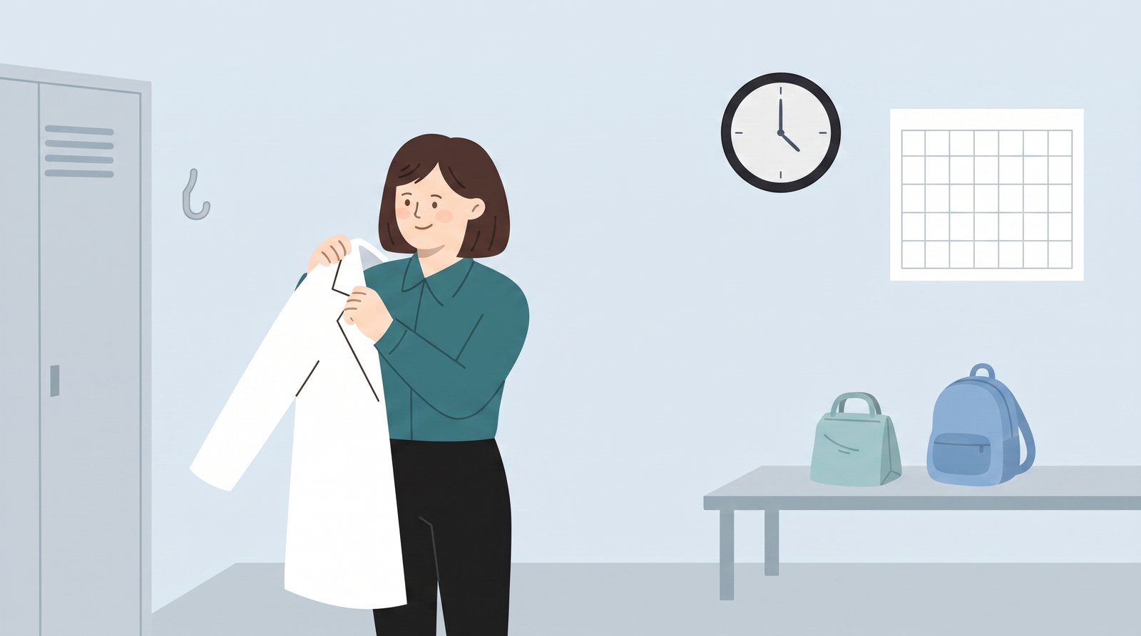 勤務を終えて白衣を片づけ、家族のもとへ帰る準備をする女性薬剤師