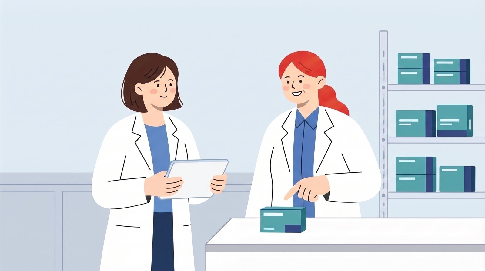 薬局内でタブレットを見ながら仕事について話す2人の女性薬剤師