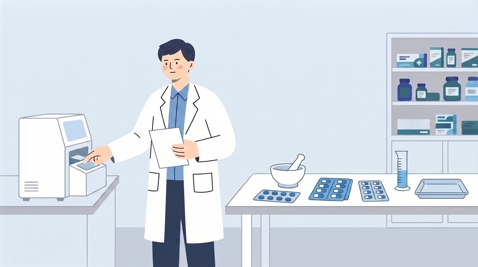 薬局内で調剤機器と器具を使って業務を行う男性薬剤師